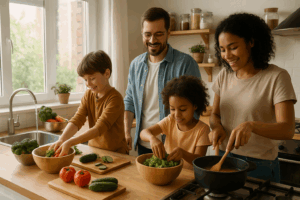 Family cooking together, building kitchen traditions
