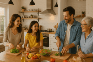 Family preparing food together in warm kitchen