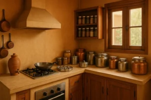 Traditional Indian kitchen with spice jars and ventilation