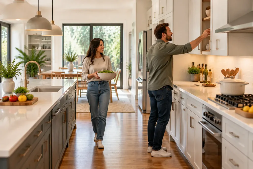 Two people in kitchen aisle