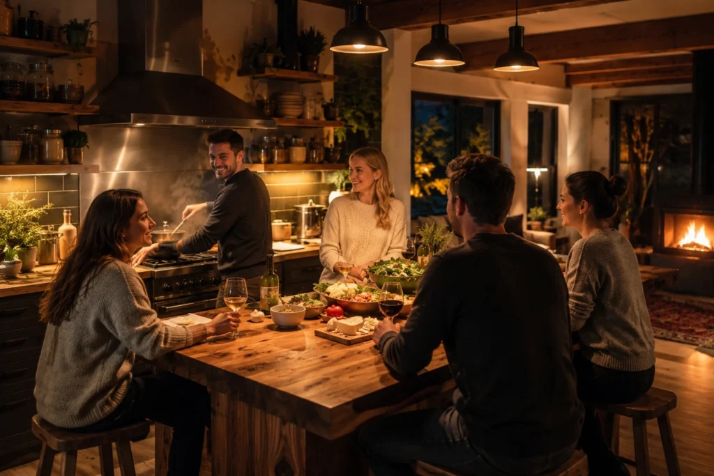 People gathered around the cosy kitchen