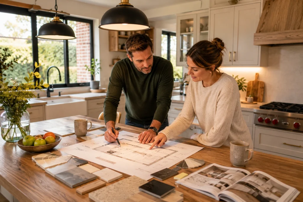 homeowners planning the layout of their kitchen space