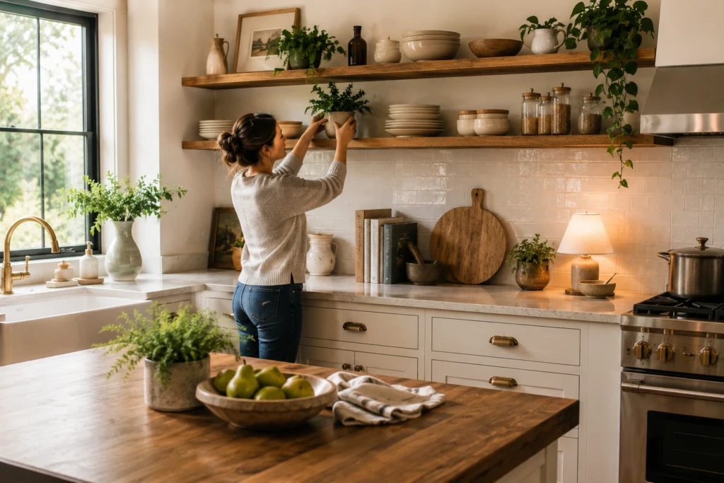 organizing the open shelves in their kitchen space