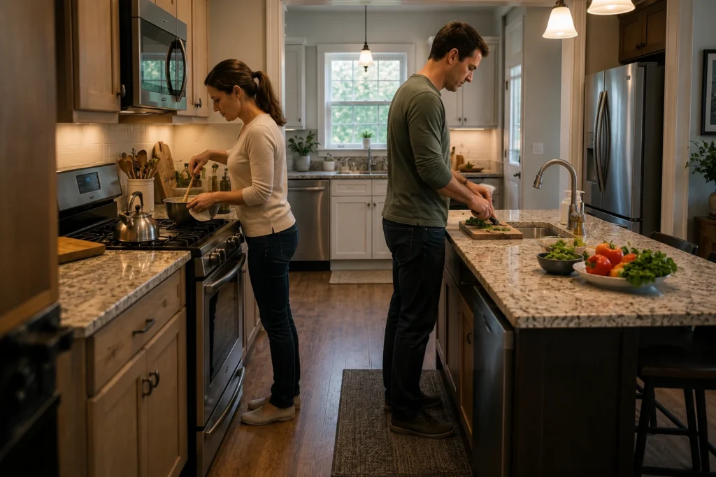 both partners working in a open kitchen with generous flooring