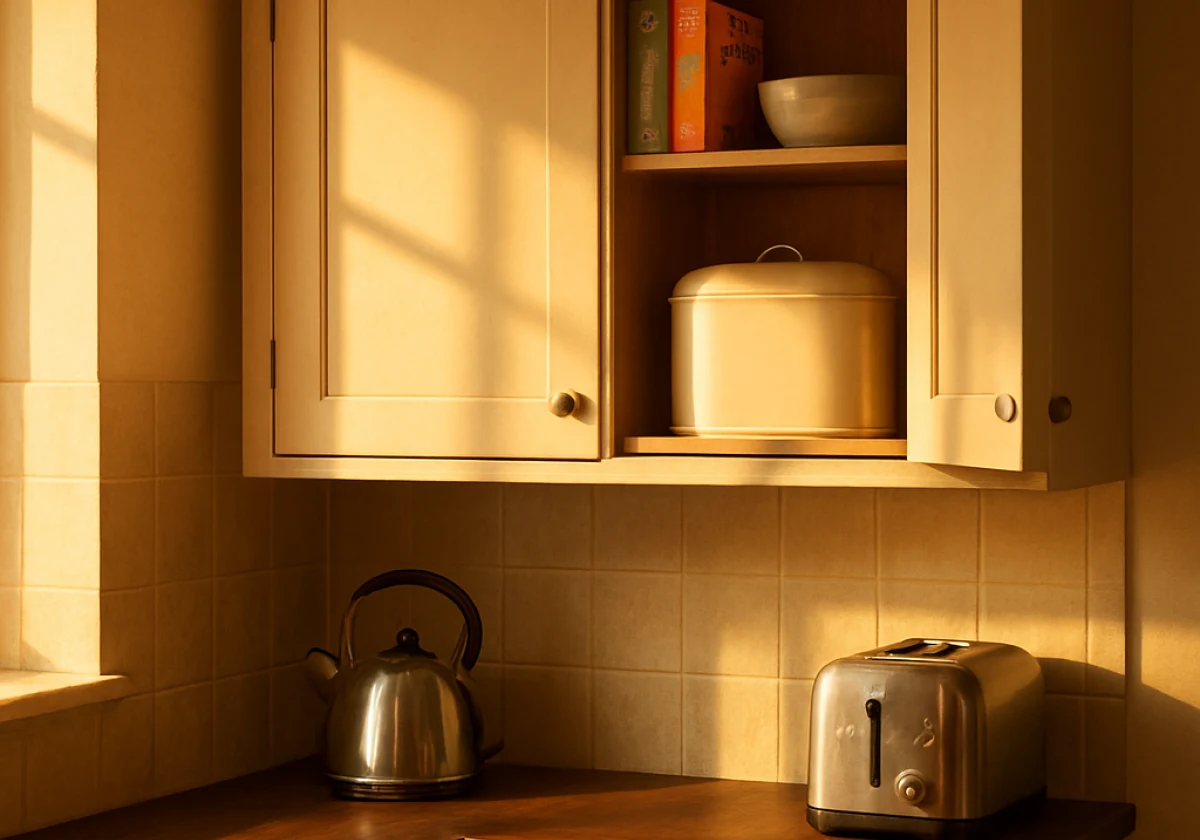 Warm kitchen corner at 7 AM bathed in morning light