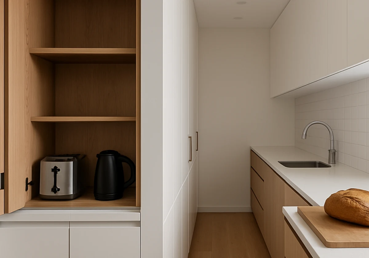 Narrow white and timber galley kitchen photographed head-on