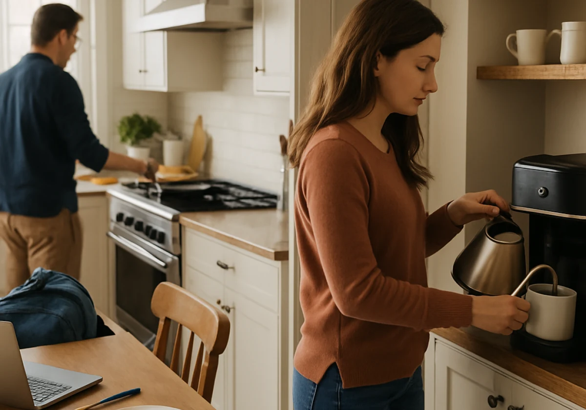 Busy suburban kitchen during morning rush with a woman pouring hot